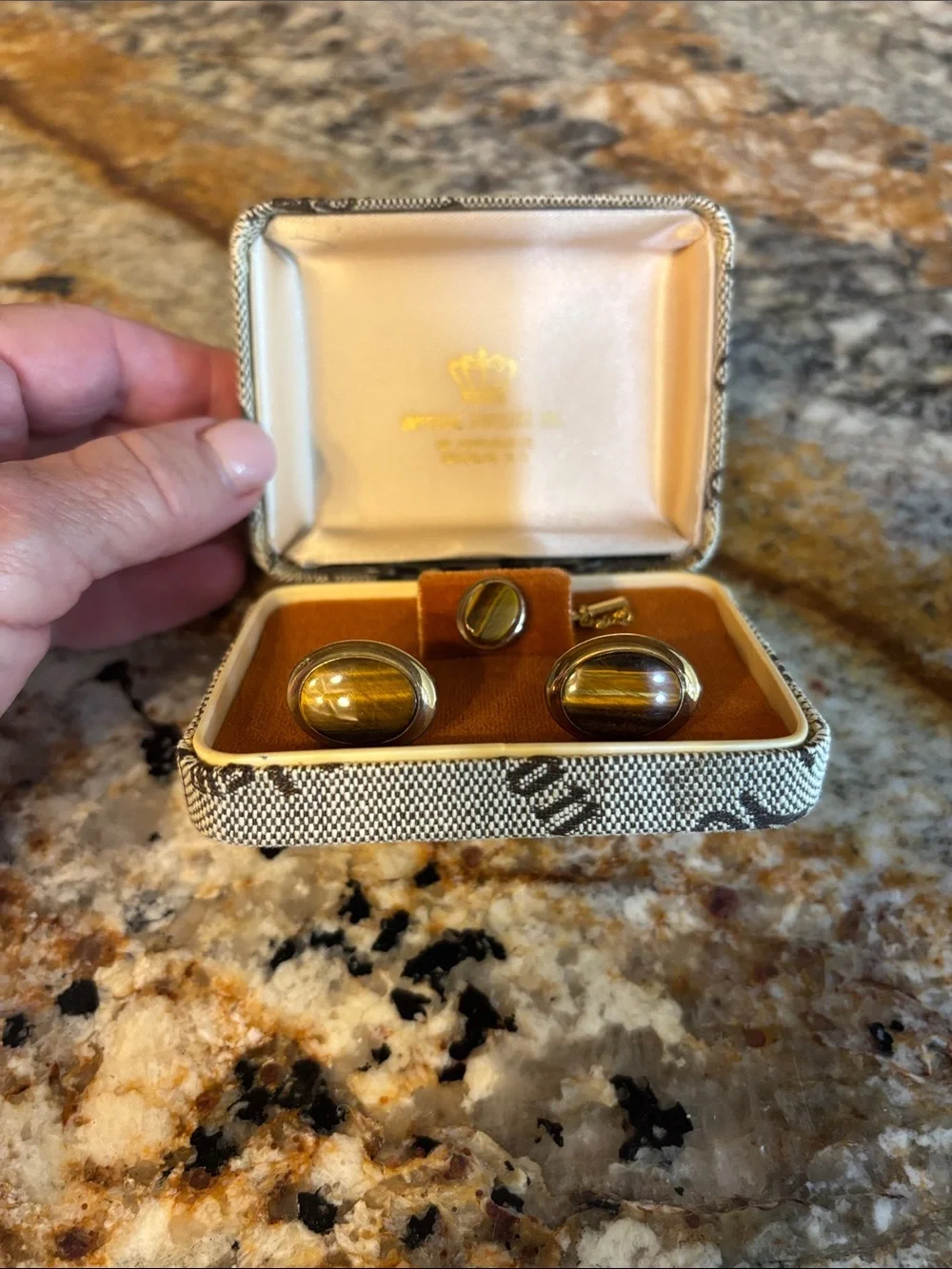Vintage Imperial Jewelers Men's Tiger Eye Cufflinks and Tie Tack Set